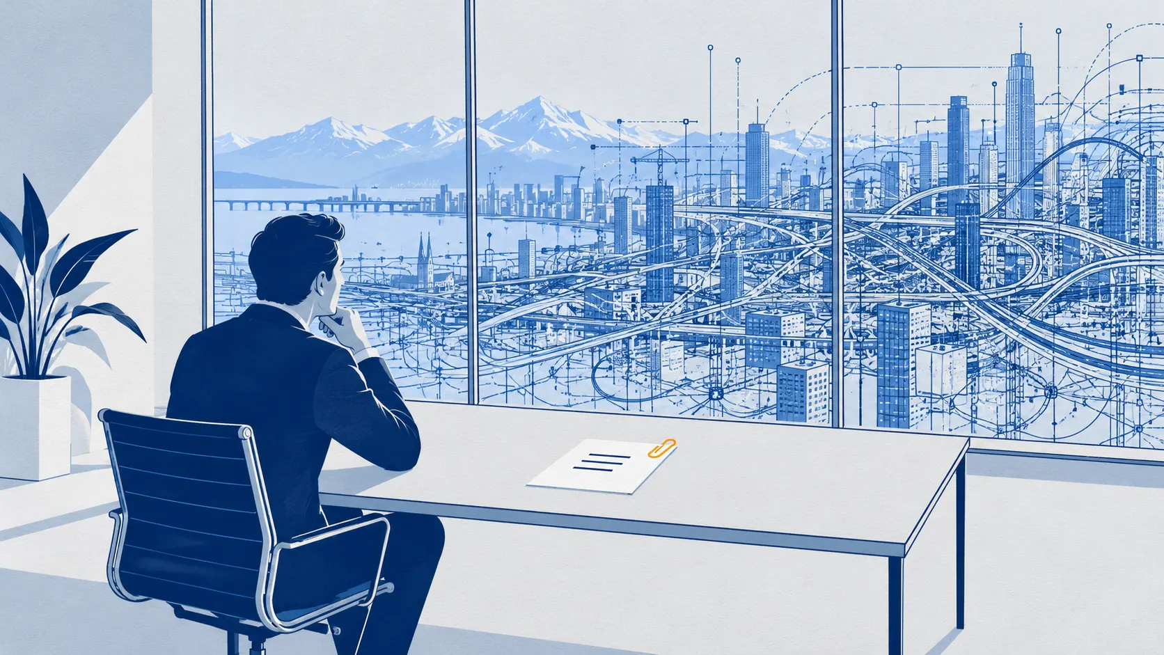 An executive at an uncluttered desk with a single sheet of paper looks out at a densely interconnected cityscape drawn in blueprint lines.