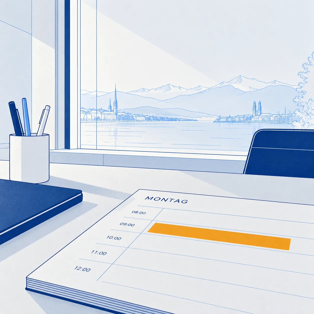 Monday morning at a desk overlooking the lake: a calendar page with a single orange appointment at nine o