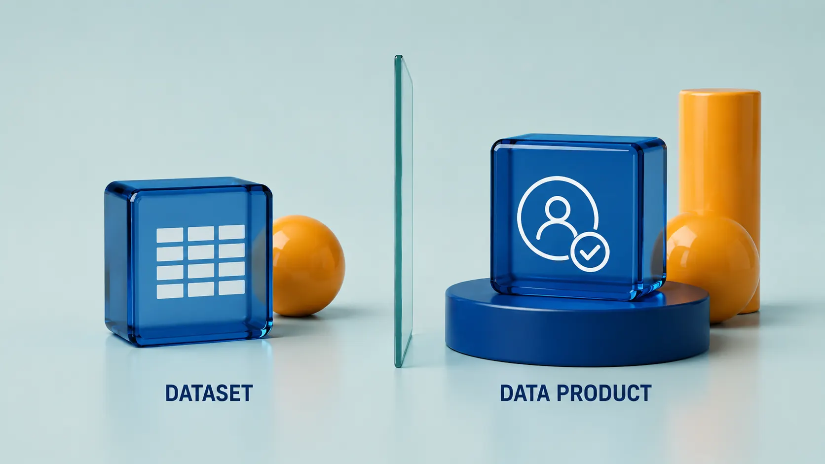 Dataset und Data Product im Vergleich: technische Datenbereitstellung gegenüber einem Produkt mit Konsument, Zweck, Qualität, Vertrag und Ownership.