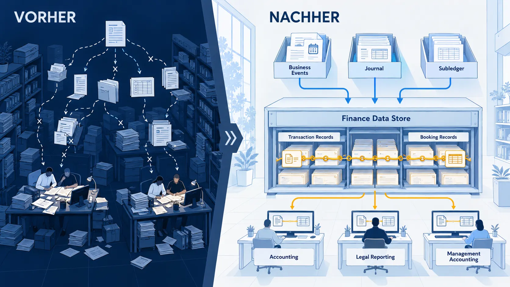 Vorher: Teams rekonstruieren Verbindungen getrennt. Nachher: Ein Finance Data Store verbindet Business Events, Journal und Subledger für Accounting, Legal Reporting und Management Accounting.